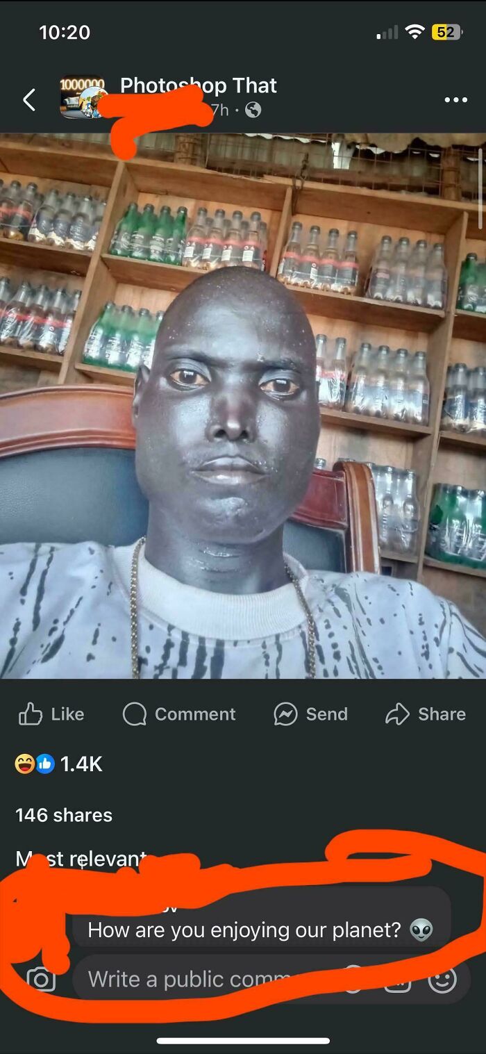 A screenshot showing a picture of a man with an unusual head shape, with a caption asking How are you enjoying our planet? in a verbal knockout.