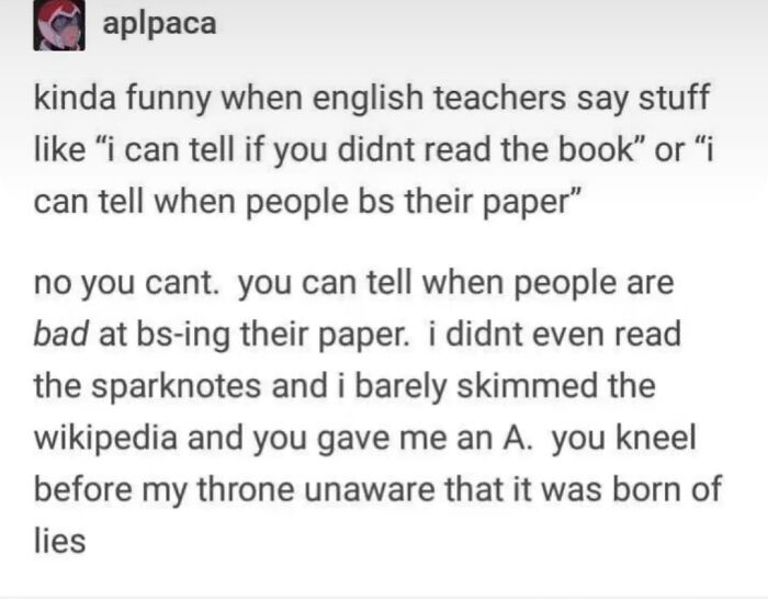 A screenshot of a humorous text post by user aplpaca on English teachers and their verbal knockouts.