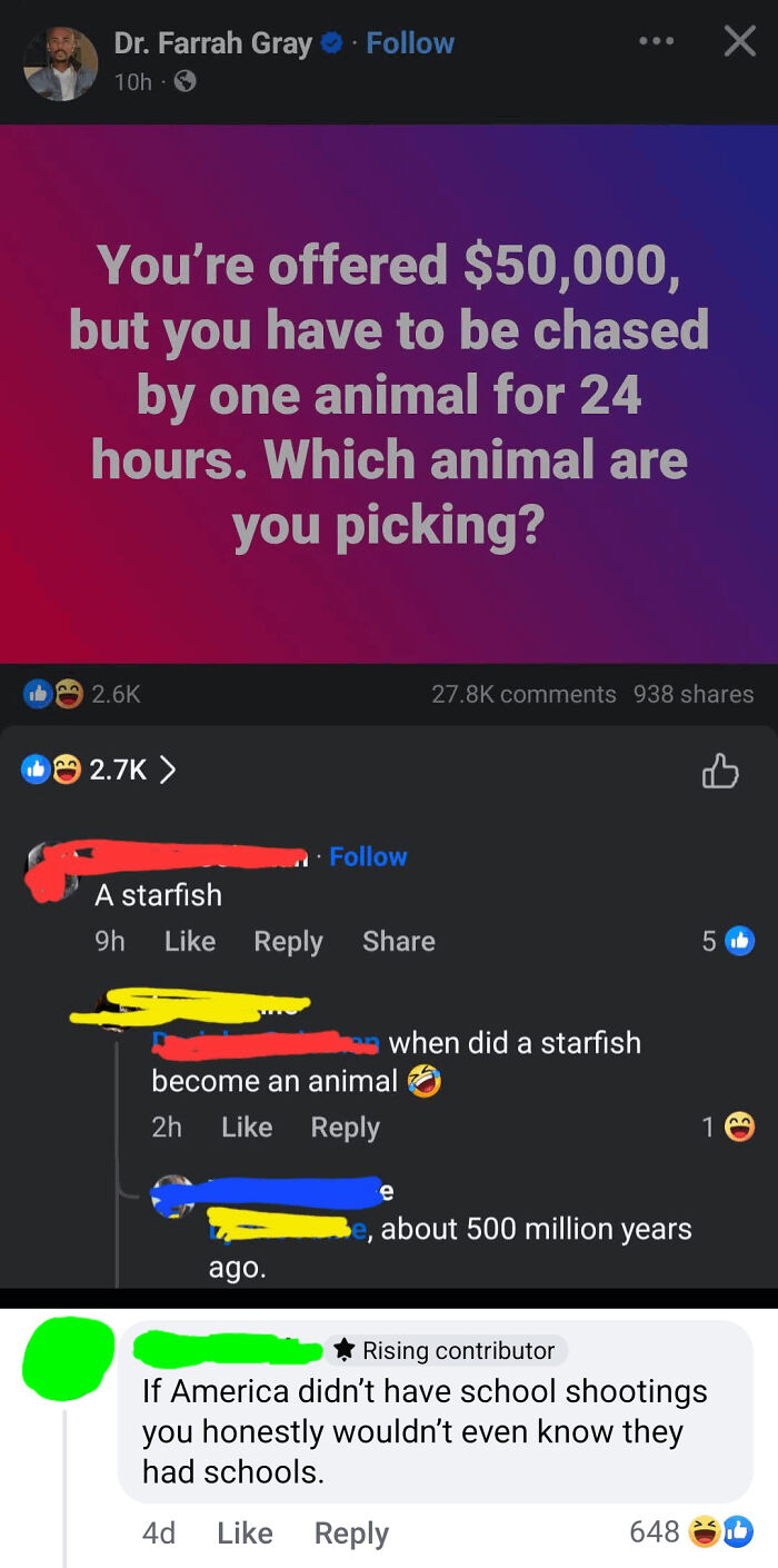 A verbal knockout exchange about being chased by an animal for $50,000, with a funny starfish debate.