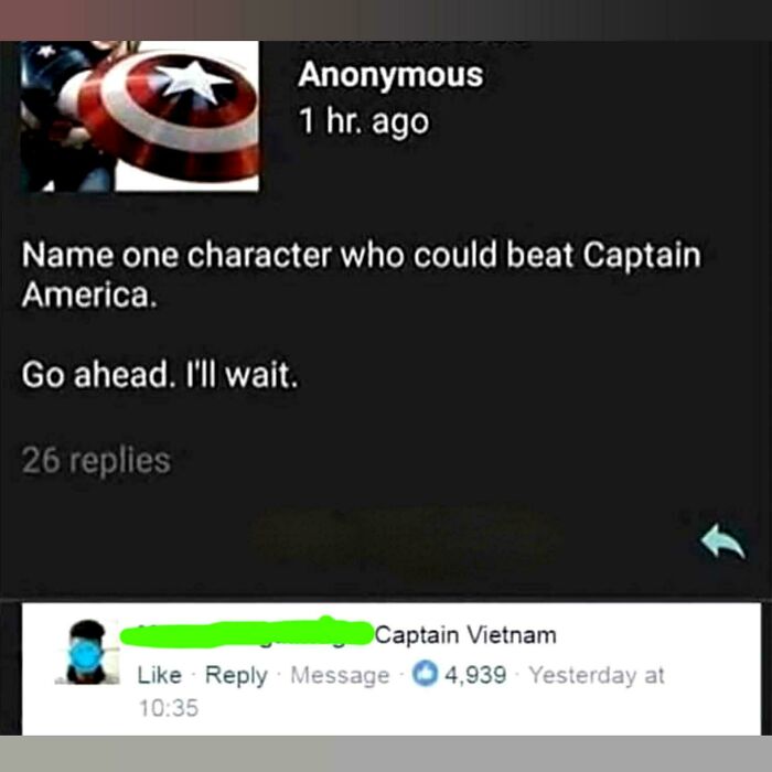 A verbal knockout featuring a reply naming Captain Vietnam as a character who could beat Captain America.