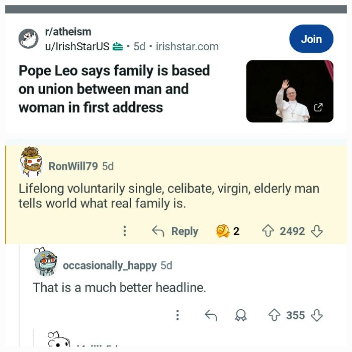 A verbal knockout from r/atheism about Pope Leo's comments on family, highlighting savage wit.