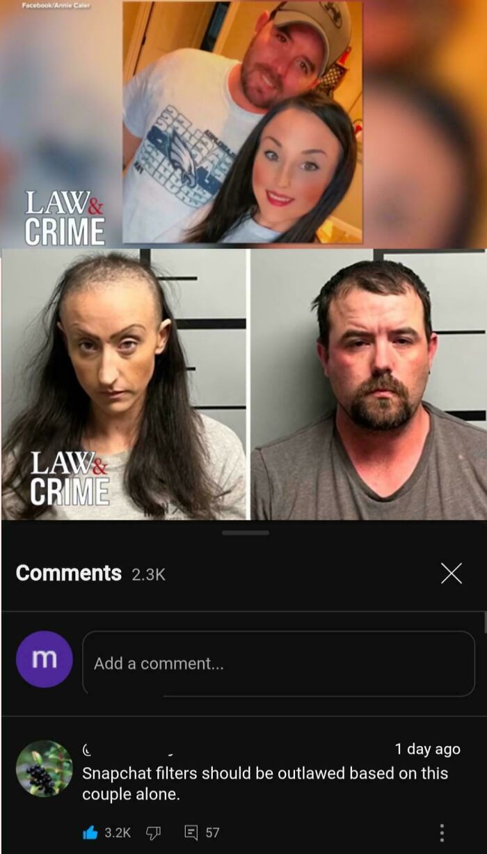 A comment delivers a savage verbal knockout, suggesting Snapchat filters be outlawed for a couple pictured.