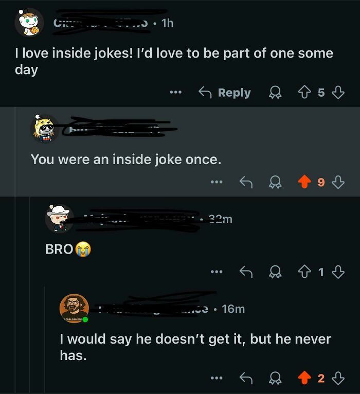 Savage verbal knockouts in a comment section include jabs about someone being an inside joke.