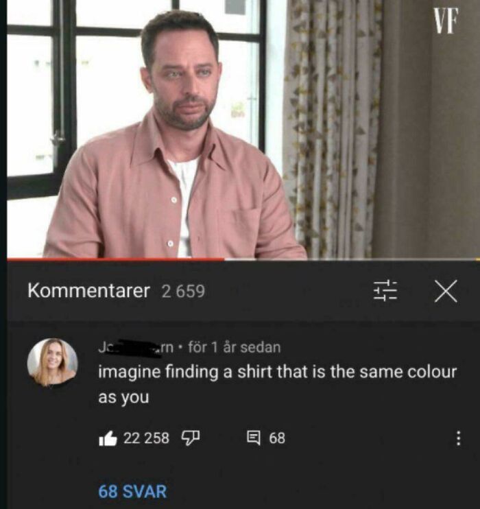 A verbal knockout comment on a video: 'imagine finding a shirt that is the same colour as you,' referring to a man in a pink shirt.