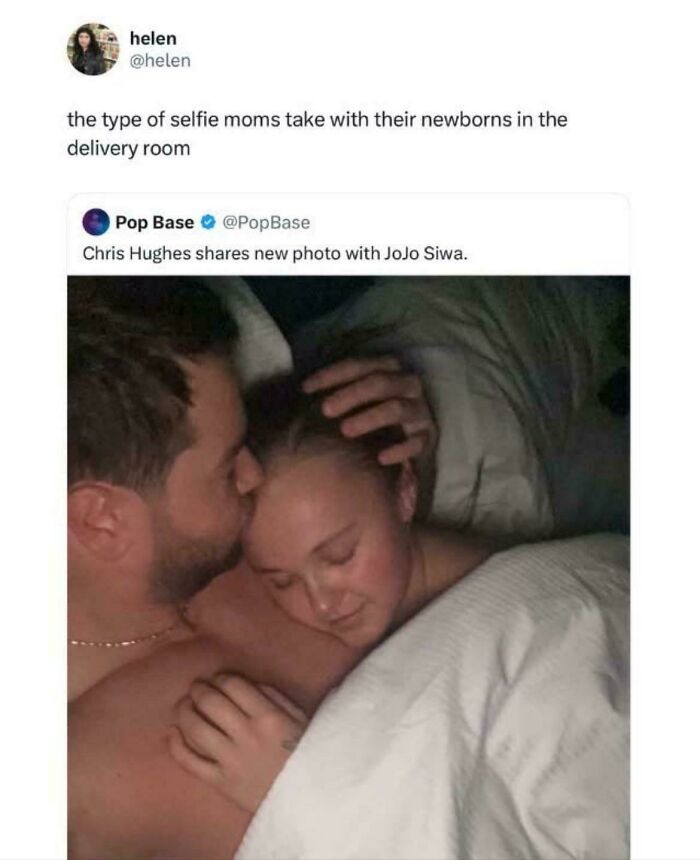 A couple in bed, mistaken for new parents, with a tweet about Chris Hughes and JoJo Siwa, a verbal knockout.
