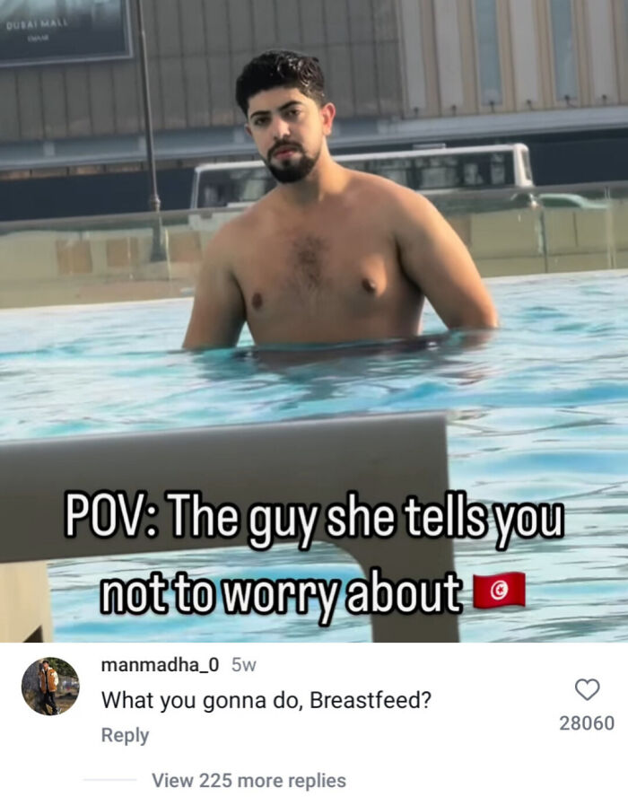 A man in a pool with a humorous comment about his appearance, showcasing a savage verbal knockout.