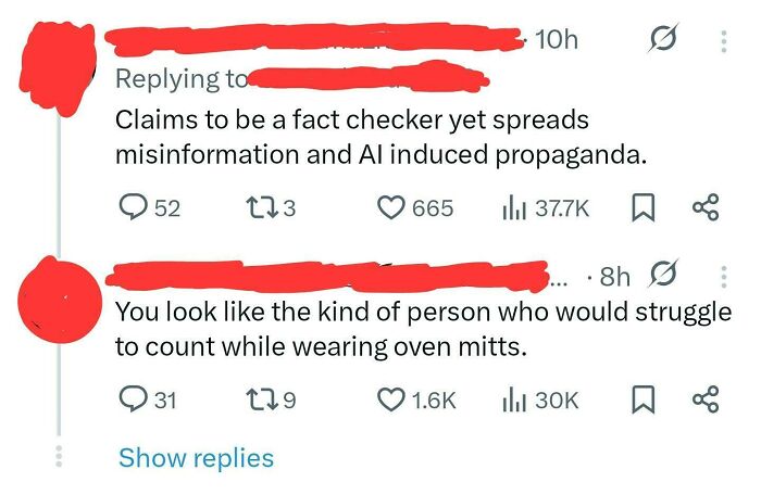 Screenshot of two savage verbal knockouts on social media, one about a fact-checker and another a funny insult.