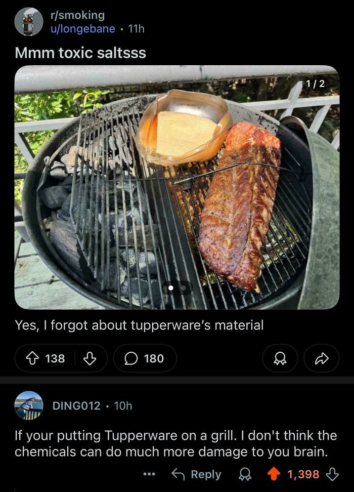 Ribs cooking on a grill with a plastic container, depicting a verbal knockout so savage, there was no coming back.