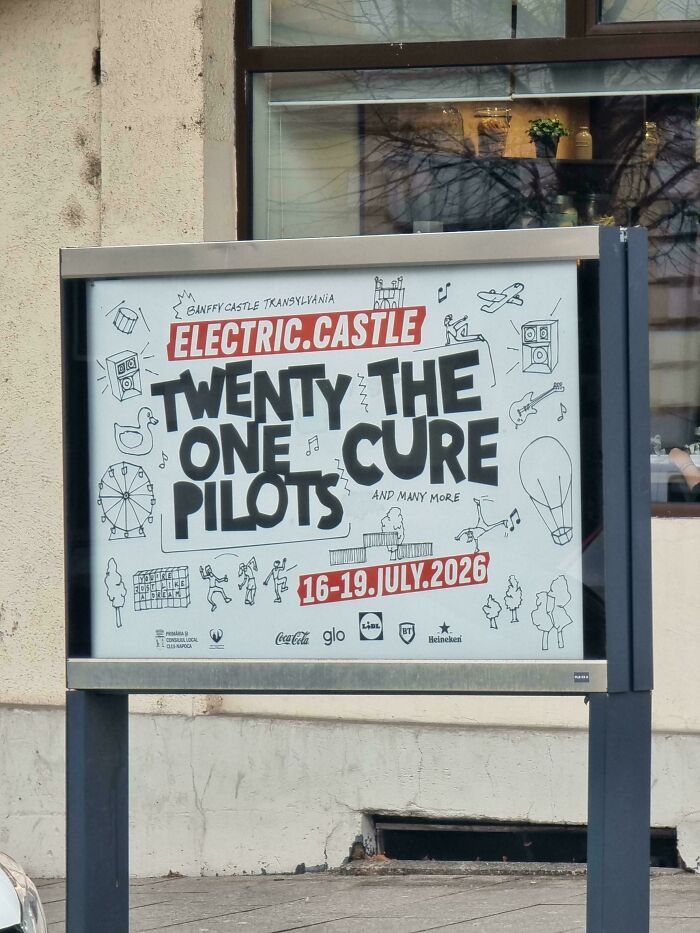 A concert poster with poor sign design, hilariously confusing the band names Twenty One Pilots and The Cure.