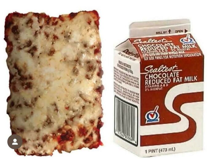 Nostalgic pic of a rectangular pizza slice with melted cheese next to a carton of chocolate reduced fat milk.