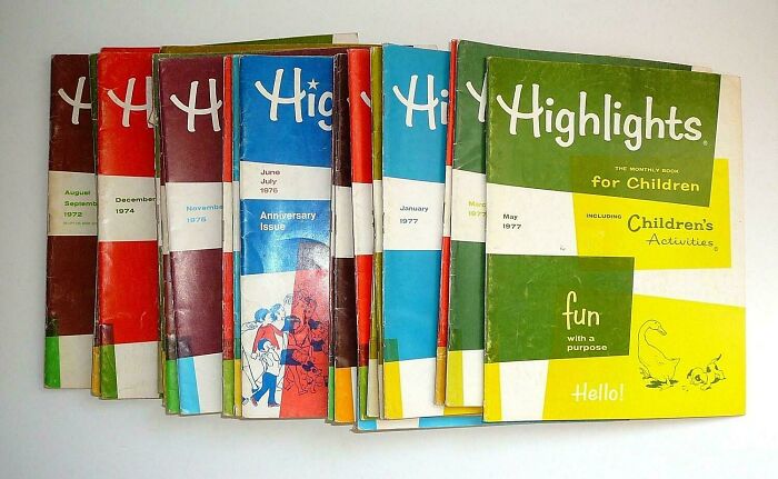 Stack of vintage Highlights magazines for children from the 1970s, showcasing nostalgic pics and references.