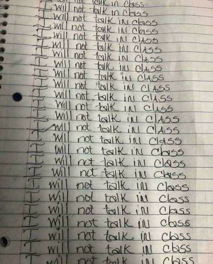 Handwritten repetitive lines of "I will not talk in class" on ruled notebook paper, a nostalgic school punishment reference.