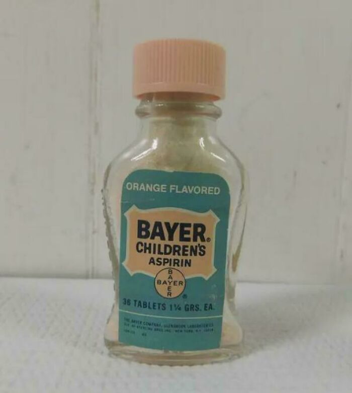 Vintage Bayer Children's Aspirin bottle with orange flavor, a nostalgic pic and reference from past decades.