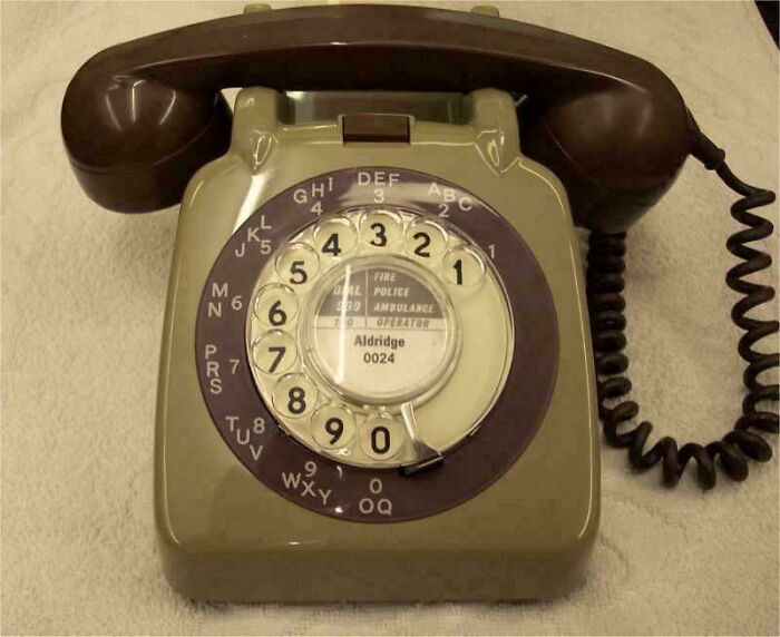 Vintage rotary dial telephone with olive green body and dark brown handset, symbolizing nostalgic pics and references.
