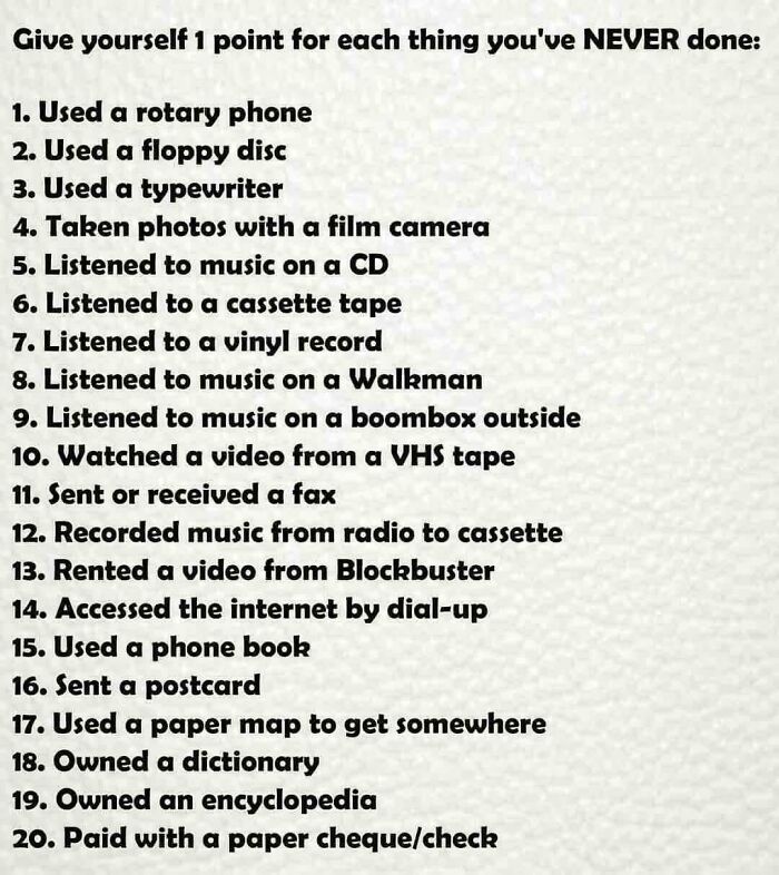 List of nostalgic items and activities from rotary phones to VHS tapes, highlighting retro references and nostalgic pics.