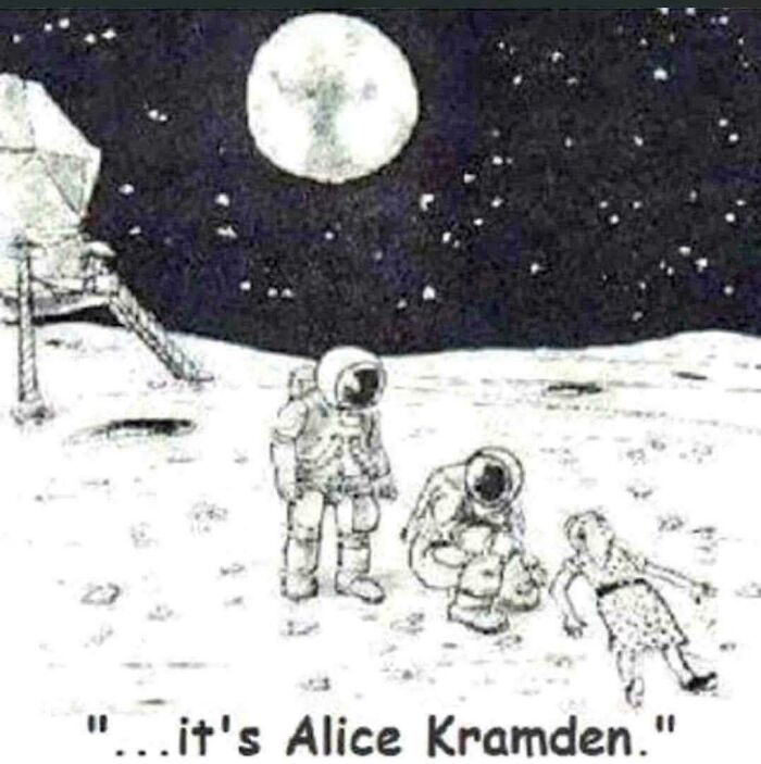 Black and white sketch of astronauts on the moon discovering a woman, nostalgic space exploration reference.