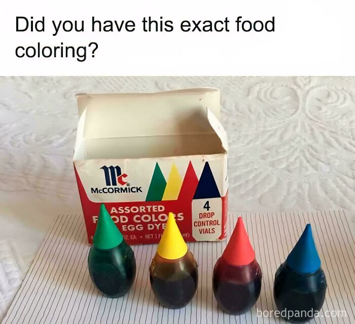 Vintage McCormick food coloring set with four drop control vials in green, yellow, red, and blue nostalgic colors.