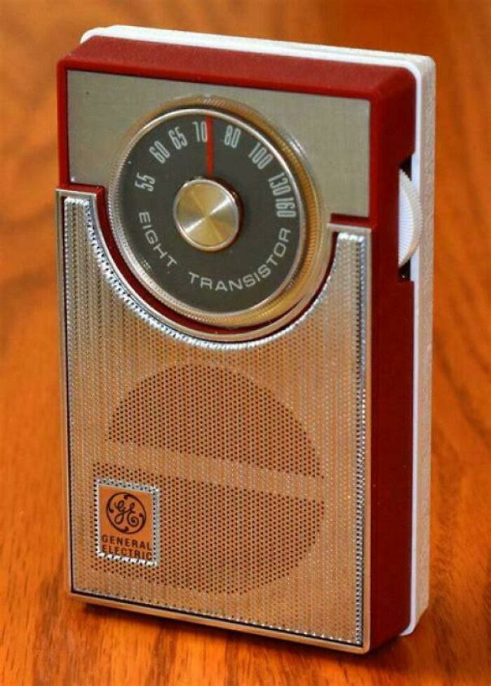Vintage General Electric eight transistor radio with tuning dial, representing nostalgic pics and references from past decades.