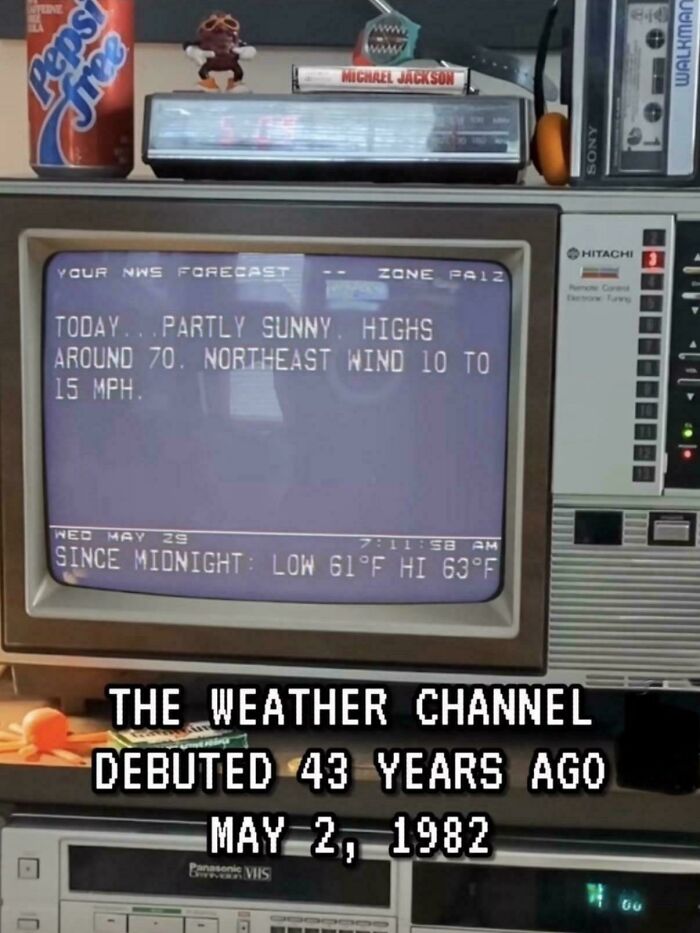 Vintage weather forecast displayed on old TV with nostalgic items and text about The Weather Channel debut date.