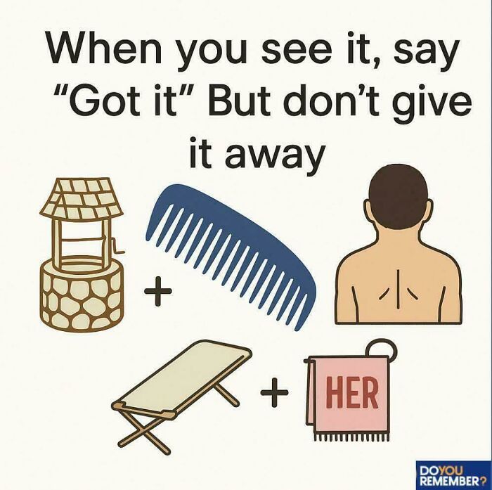 Rebus puzzle with nostalgic pics including a well, comb, bare back, cot, and towel hinting nostalgia and recognition challenge.