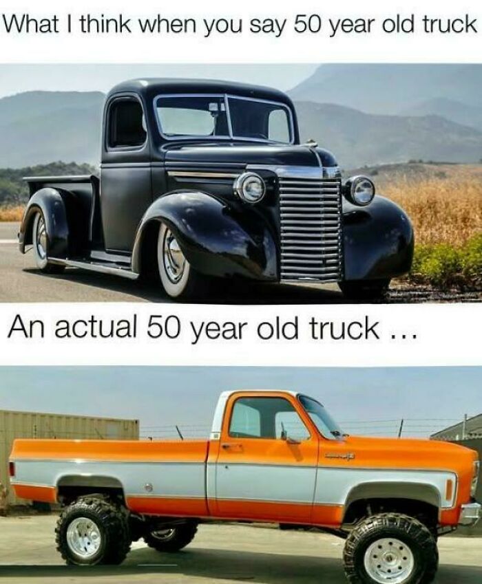 Comparison of a classic black vintage truck and a rugged orange and white 50 year old truck in outdoor settings.