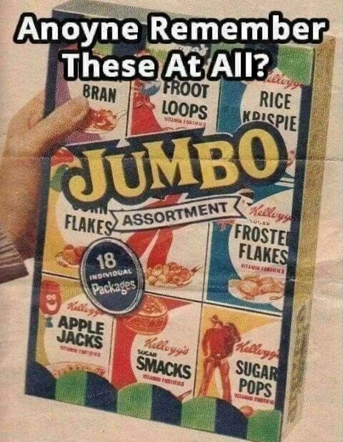 Vintage Kellogg's jumbo assortment cereal box featuring nostalgic breakfast brands like Froot Loops and Sugar Pops.