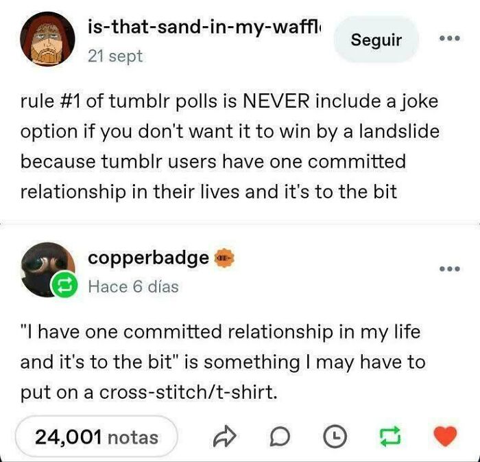 A Tumblr post about the rule of not including joke options in Tumblr polls and a user relating to the bit, a Tumblr gem.