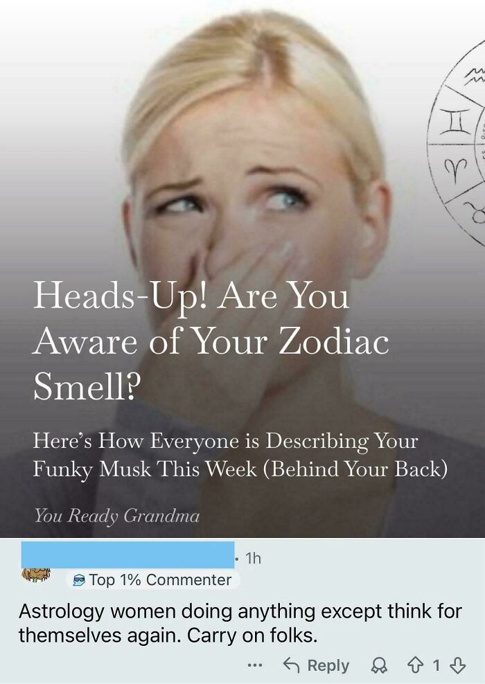 Satirical article about zodiac smell with woman holding nose and astrology theme