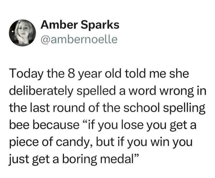 Hilarious child logic tweet about spelling bee prizes, showing relatable memes about motivation.