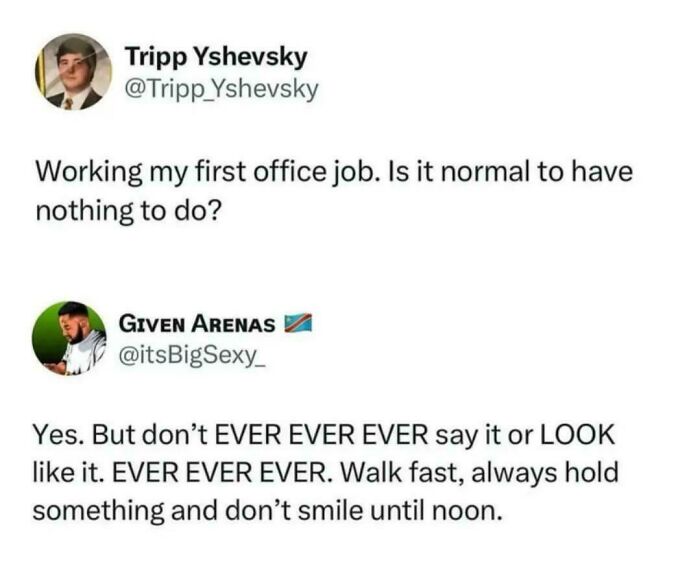 Office life post showing relatable memes about pretending to look busy at work.