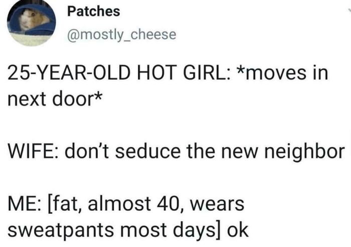 Funny social media text post illustrating relatable memes about self-deprecating humor and marriage.