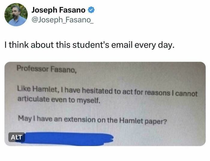 Relatable memes tweet showing a clever student email asking for an extension on a Hamlet paper.