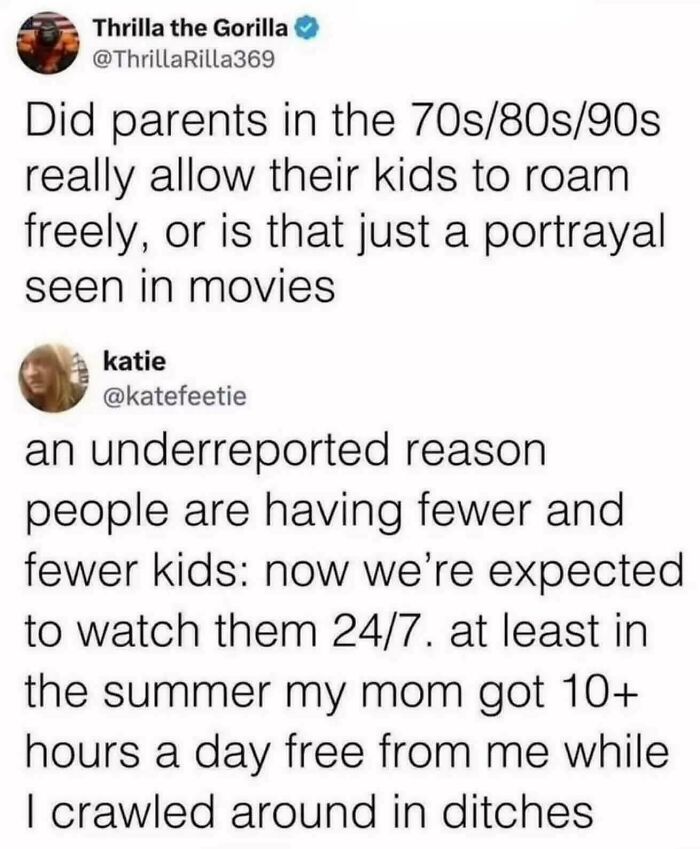 Relatable memes tweet discussing how parenting has changed since the 70s, 80s, and 90s.