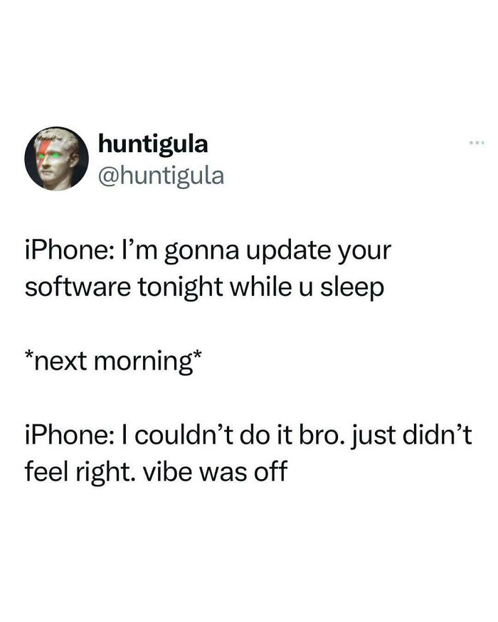 Relatable meme of a funny tweet about an iPhone not updating because the vibe was off.