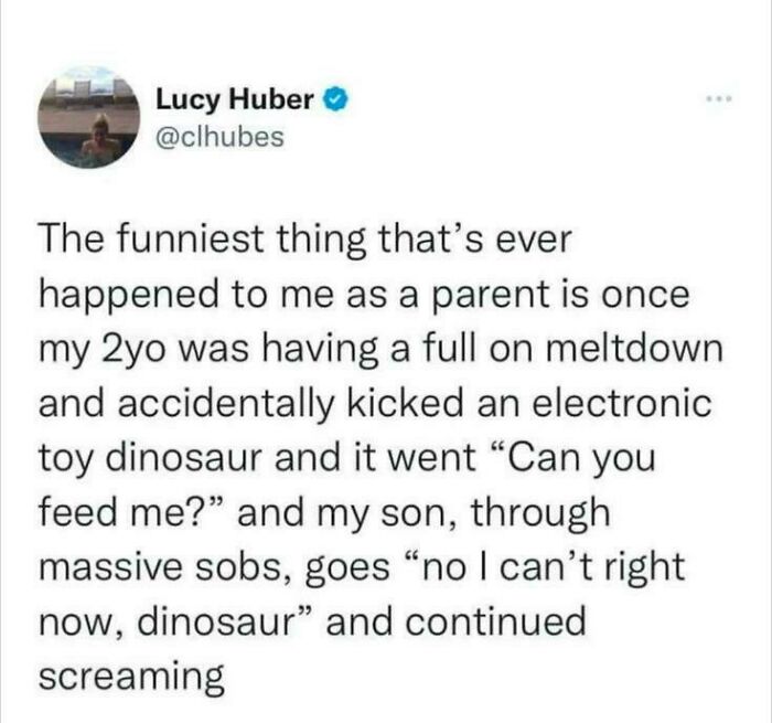 Relatable memes about a parent dealing with a child having a meltdown over a toy dinosaur.
