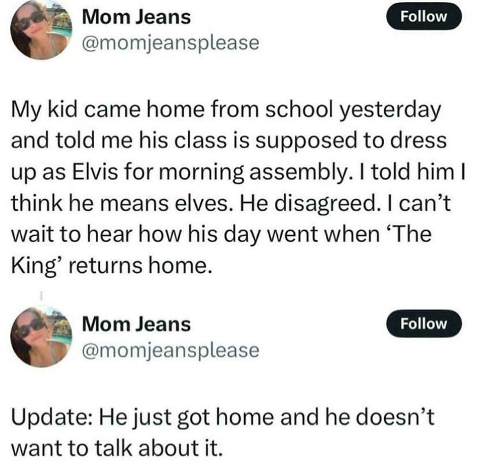 A humorous social media post about a schoolboy dressing as Elvis instead of an elf, part of relatable memes.