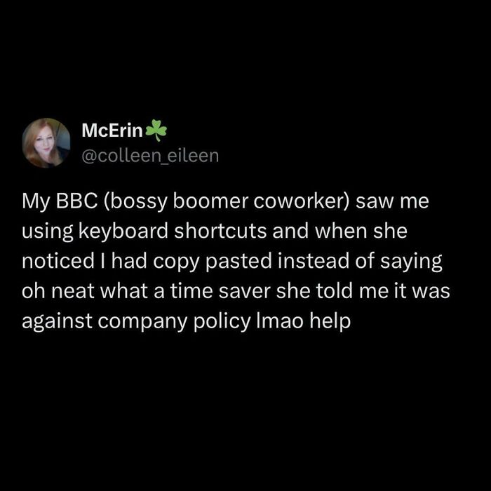 Relatable memes post about a coworker claiming keyboard shortcuts violate policy