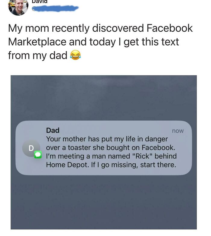 Relatable memes depicting a humorous text message from a dad meeting a stranger for a Facebook toaster