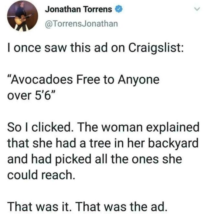 Relatable memes with a funny tweet about a Craigslist ad offering free avocados to tall people