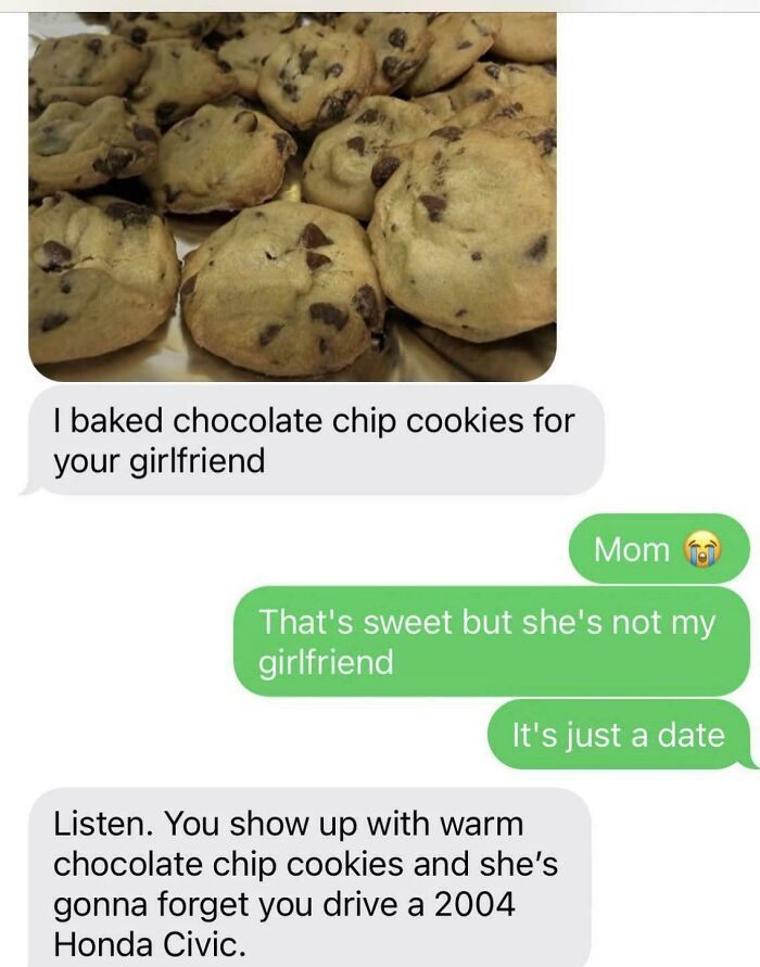 Relatable memes featuring a text exchange where a mom bakes cookies to cover up for a 2004 Honda Civic