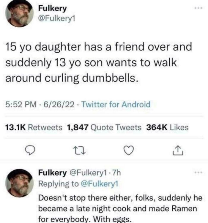 Relatable memes showing a tweet about a teenage son working out and cooking ramen for a girl