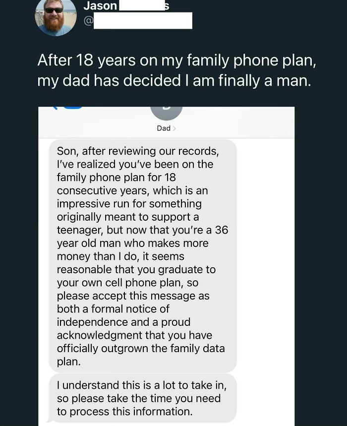 Relatable memes showing a funny text from a dad kicking his son off the family plan.