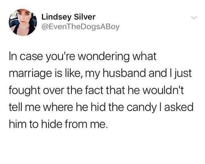 Hilarious and relatable memes tweet about a married couple fighting over candy hidden in the house.