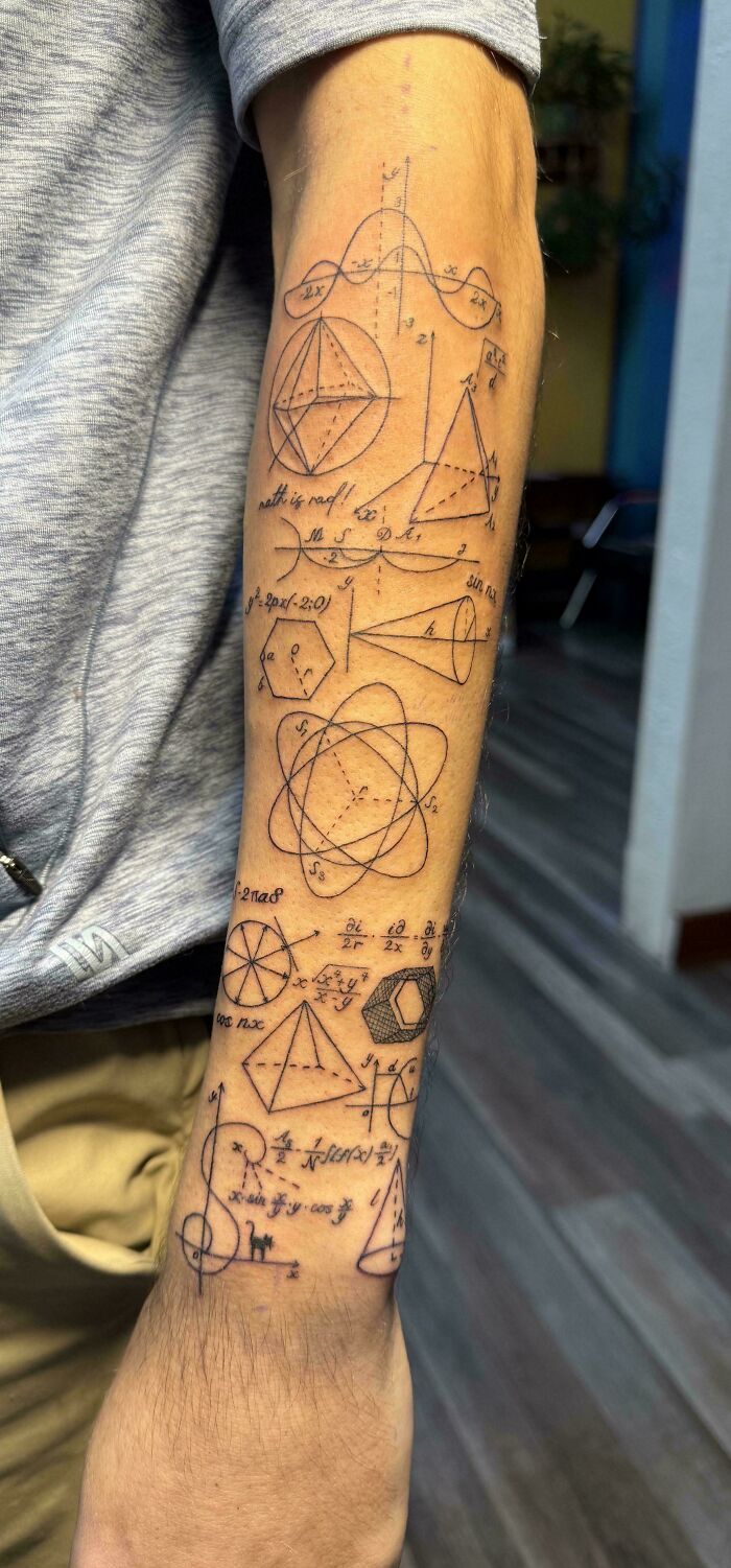 A detailed forearm tattoo featuring mathematical equations and geometric shapes, showcasing stunning tattoos.