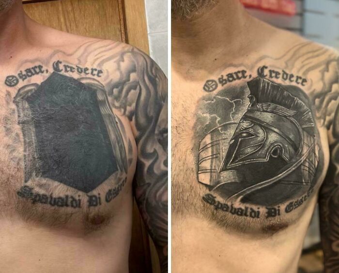 Transformation of a chest tattoo, evolving from a simple black shape into a detailed Spartan helmet design.