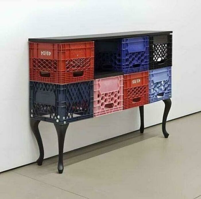 DiWHY furniture made from colorful milk crates and elegant legs, showing a creative attempt at DIY.