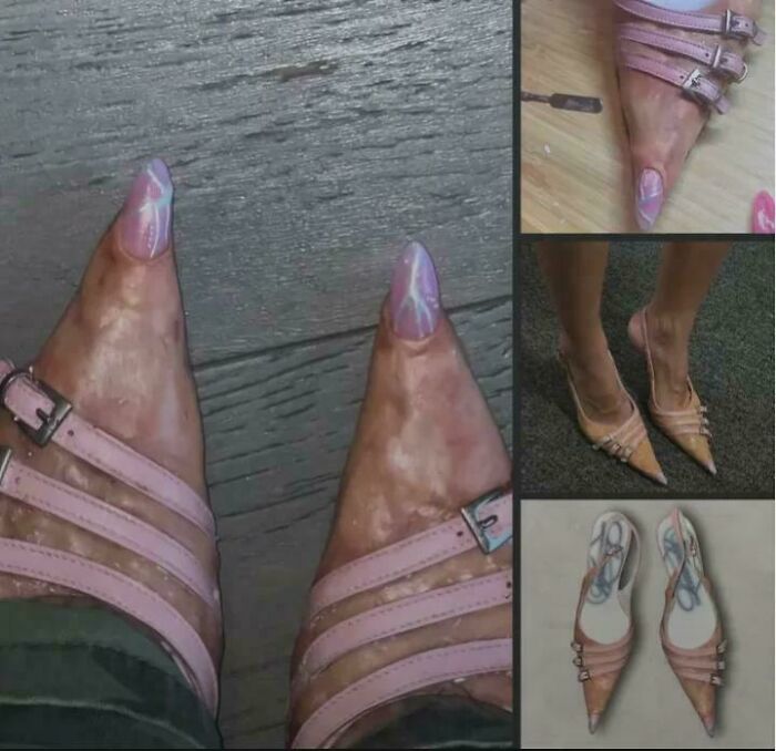 A collage showing pointed heels, some with toes extended, and a sketch. A clear example of DiWHY attempts.