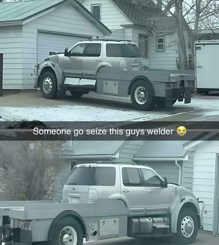 A silver SUV customized into a flatbed truck in a driveway. A clear example of a DiWHY project.