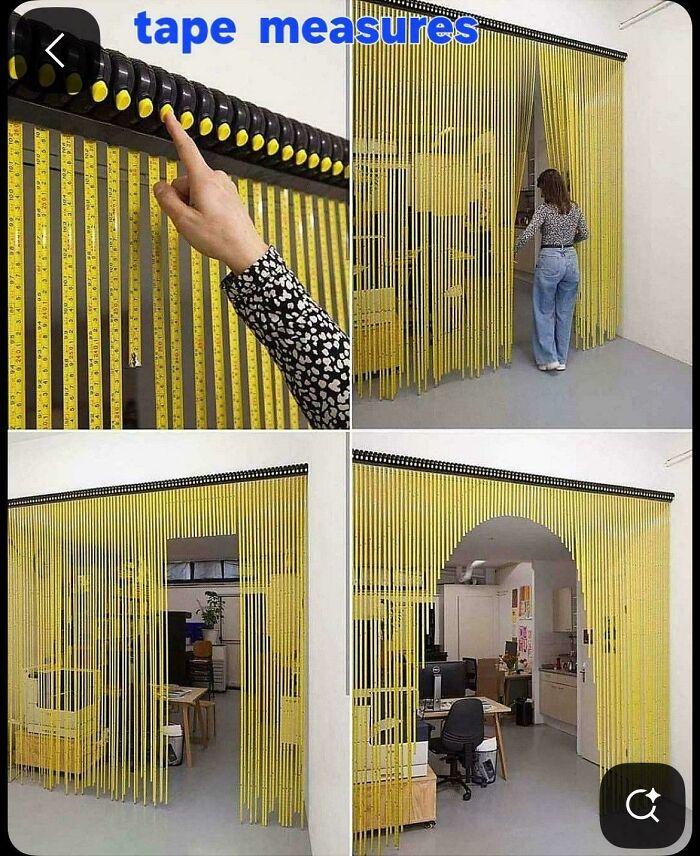 A DiWHY project: a curtain made of tape measures, a creative yet unusual home decor idea.