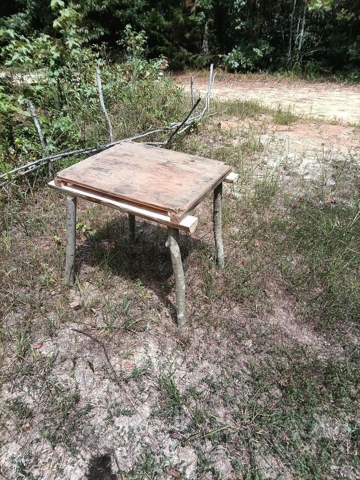 A roughly constructed outdoor table made from plywood and tree branches, showcasing a DIY attempt.